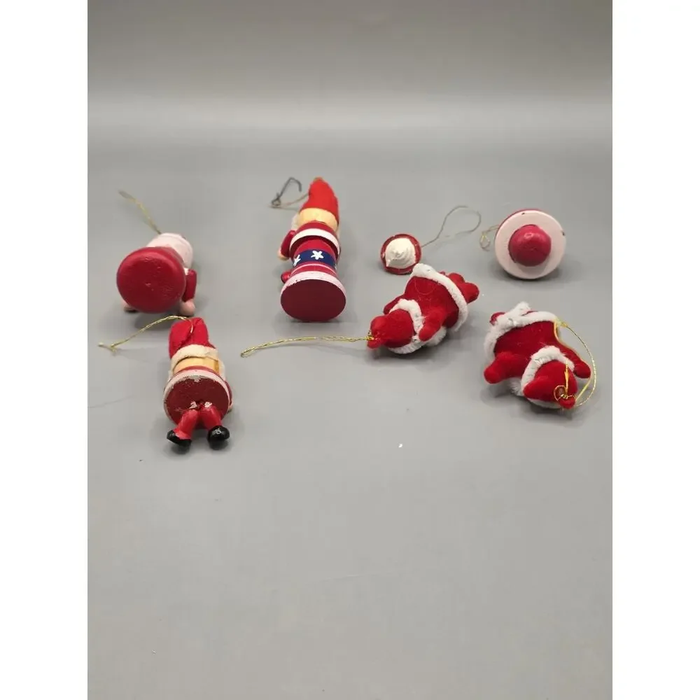 7pc Vintage Santa Christmas Ornaments Miniature Wooden Hand Painted Flocked MCM